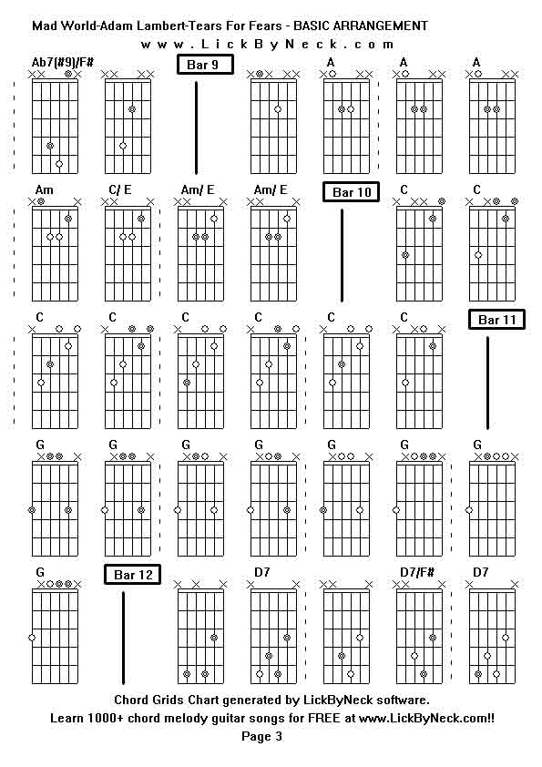 Chord Grids Chart of chord melody fingerstyle guitar song-Mad World-Adam Lambert-Tears For Fears - BASIC ARRANGEMENT,generated by LickByNeck software.